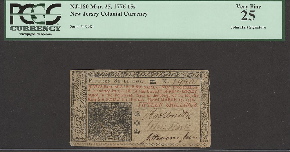 NJ-180 Colonial, 15 Shillings, March 25, 1776 - John Hart Signature, VF, PCGS-25, 19981